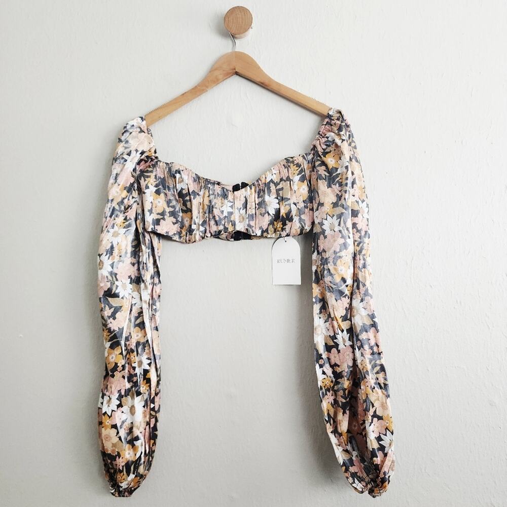 RUMER The Label Paloma Floral Crop Top L NWT Revolve Off Shoulder Puff Sleeve